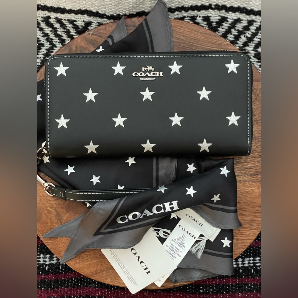 COACH Black & Silver Star Bundle: Wristlet Wallet and Silk Scarf